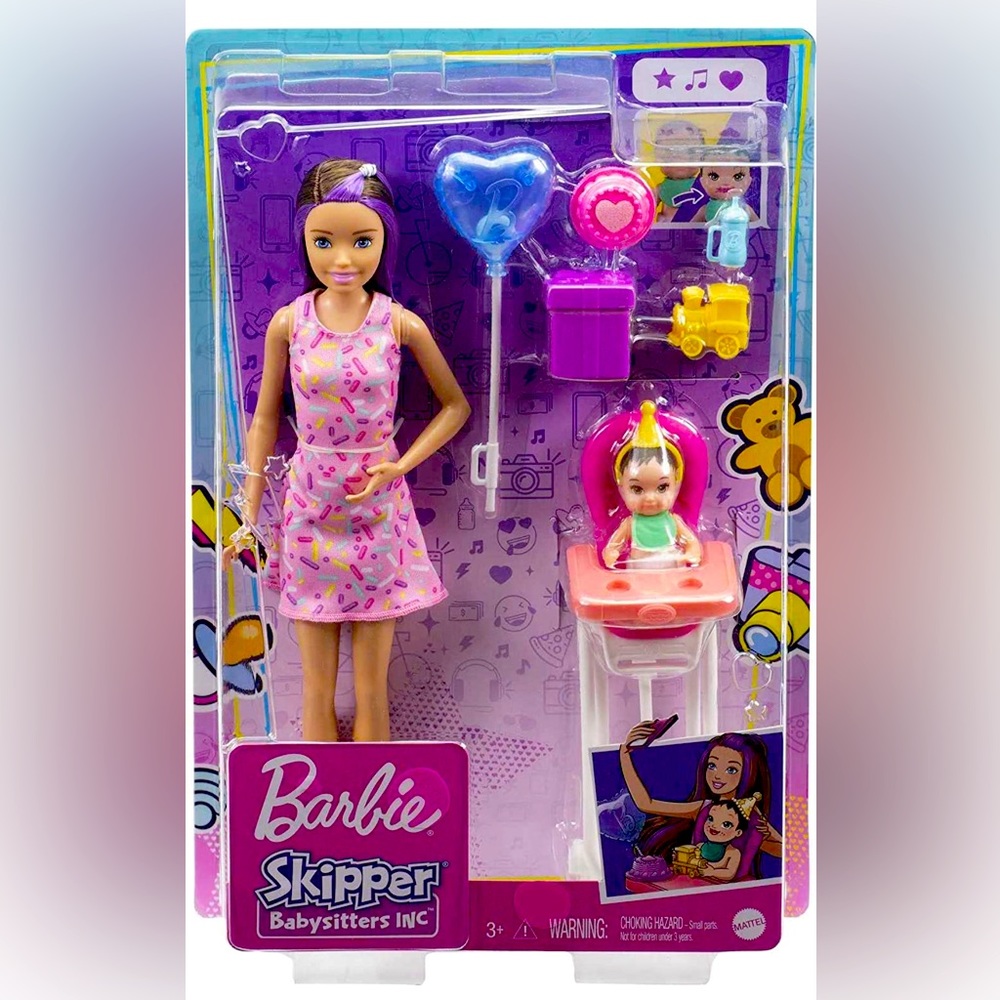 NEW Barbie Skipper Babysitter’s Inc Set, Baby/Highchair Doll Set, Wash Baby!
